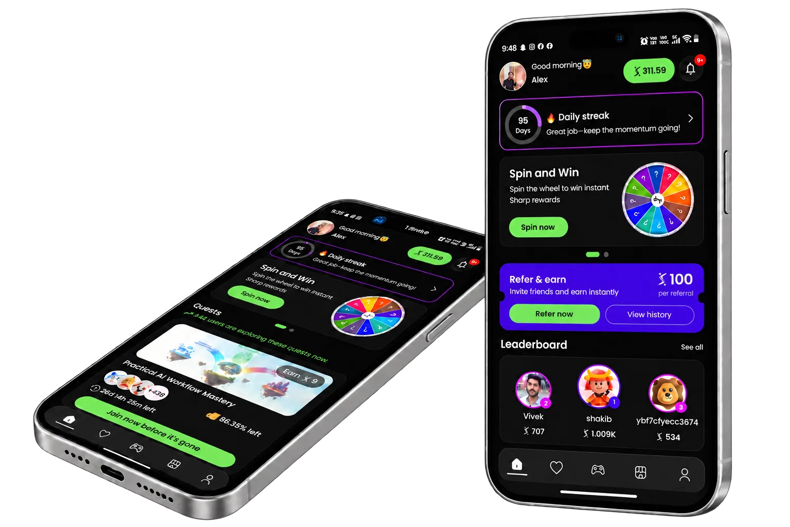 Sharp Rewards App screens showing wallet, profile, earnings, and gamification features